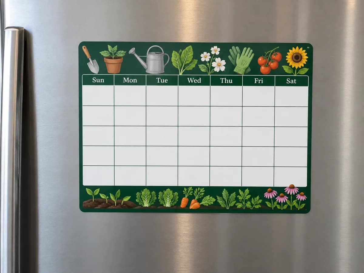 Illustrative Forest-green gardening season planner magnet with visual blocks; final dates deferred