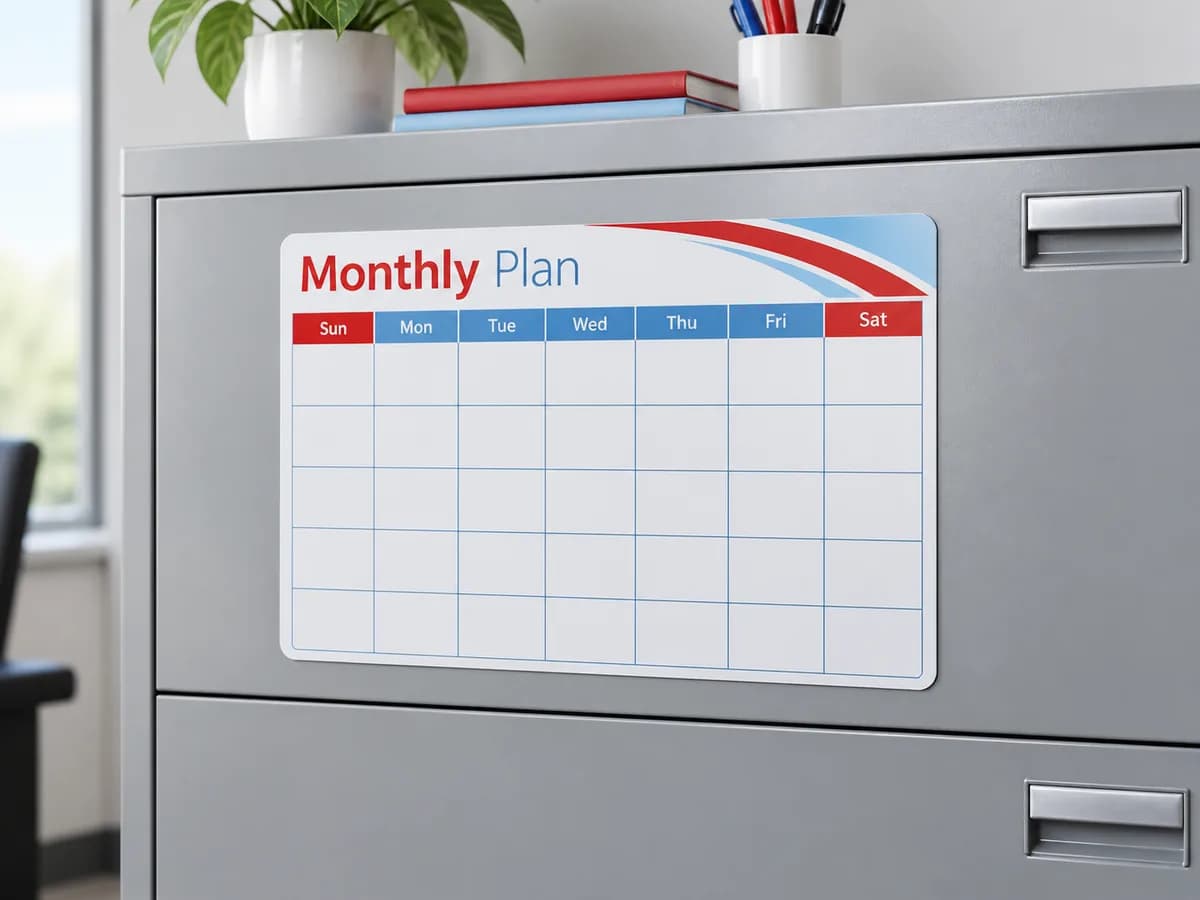 Illustrative Magnet schedule on clean steel office cabinet; surrounding negative space