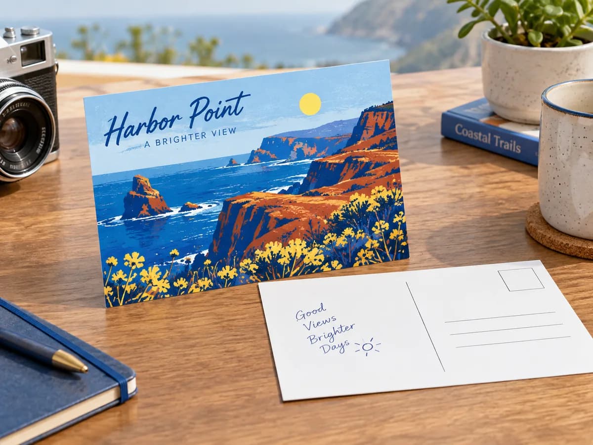 Illustrative Harbor Point coastal postcard beside its address reverse on a wooden table.