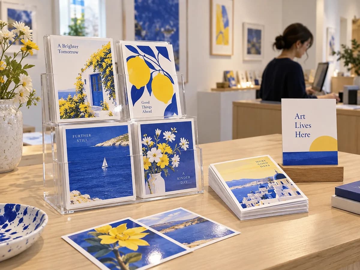 Illustrative blue-and-yellow art postcards in a clear display rack on a gallery counter.