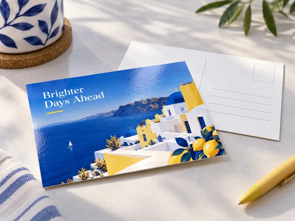 Illustrative glossy postcard with a blue-and-yellow coastal scene and a blank address reverse.