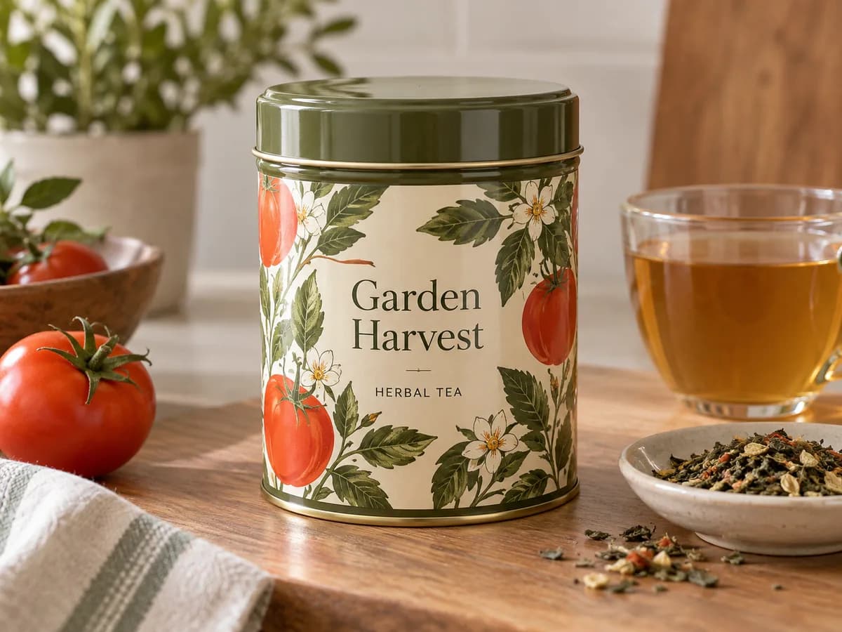 Illustrative Indigo and cream botanical tea packaging label on smooth tin