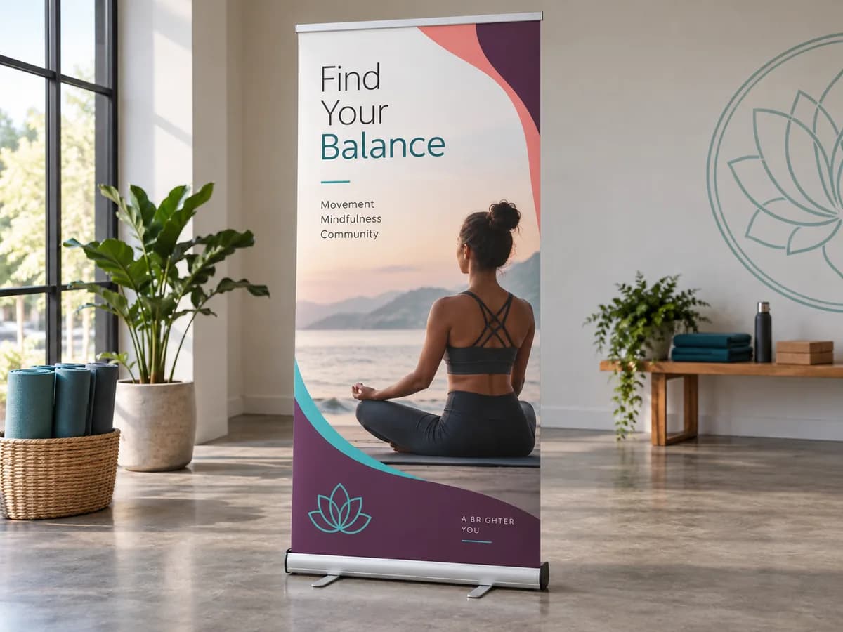 Illustrative Find Your Balance retractable banner with yoga artwork in a studio.