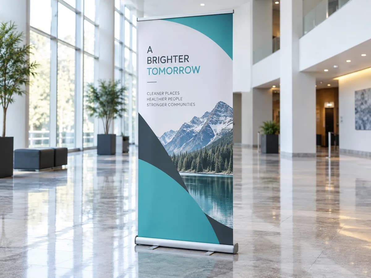 Illustrative teal-and-white retractable banner with a mountain-and-lake design in a bright indoor foyer.