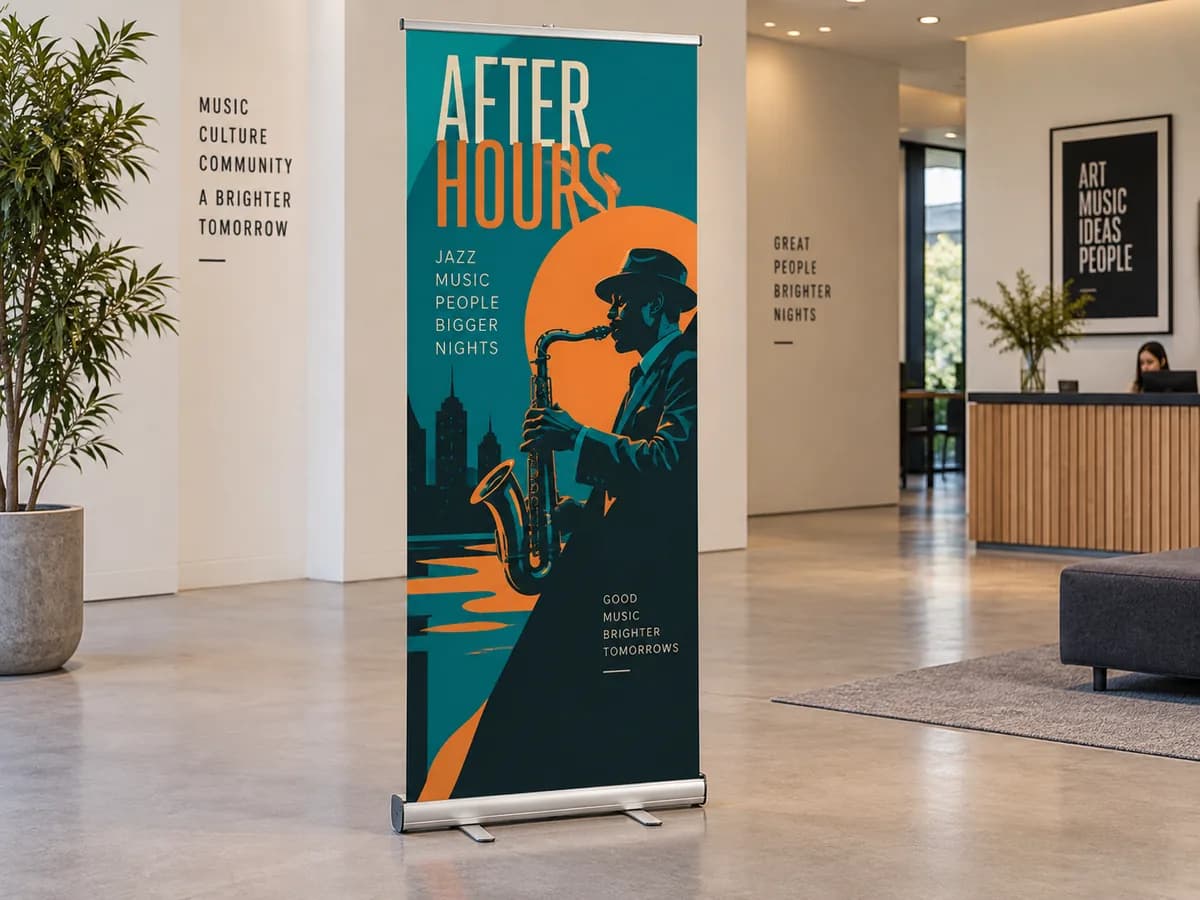 Illustrative teal-and-orange After Hours retractable banner with saxophone artwork in an indoor lobby.