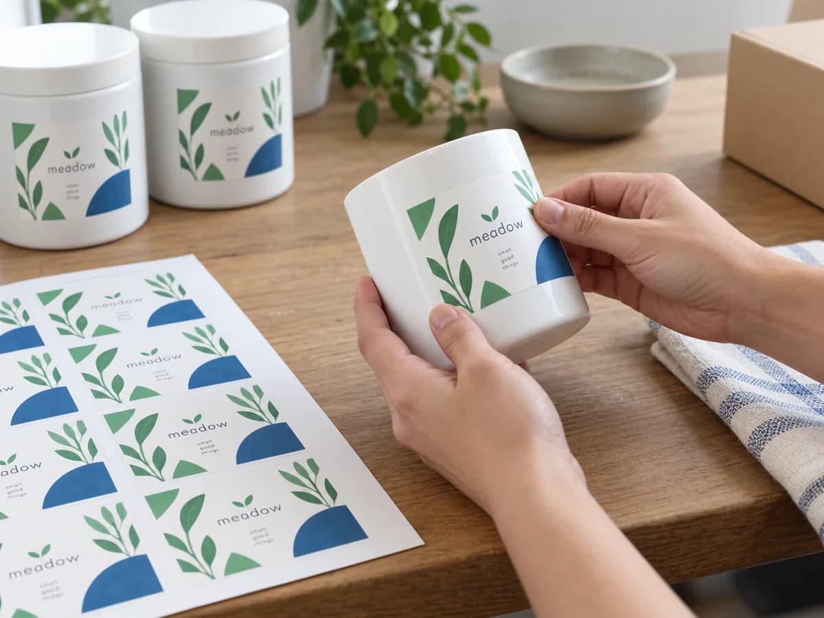 Illustrative Small producer manually applying sheet-supplied labels to smooth containers