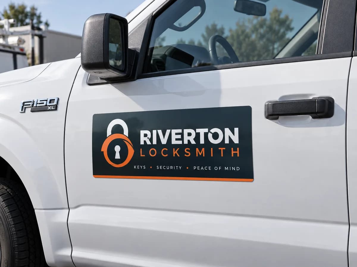 Illustrative Orange/black locksmith identity on magnet on flat steel work truck door