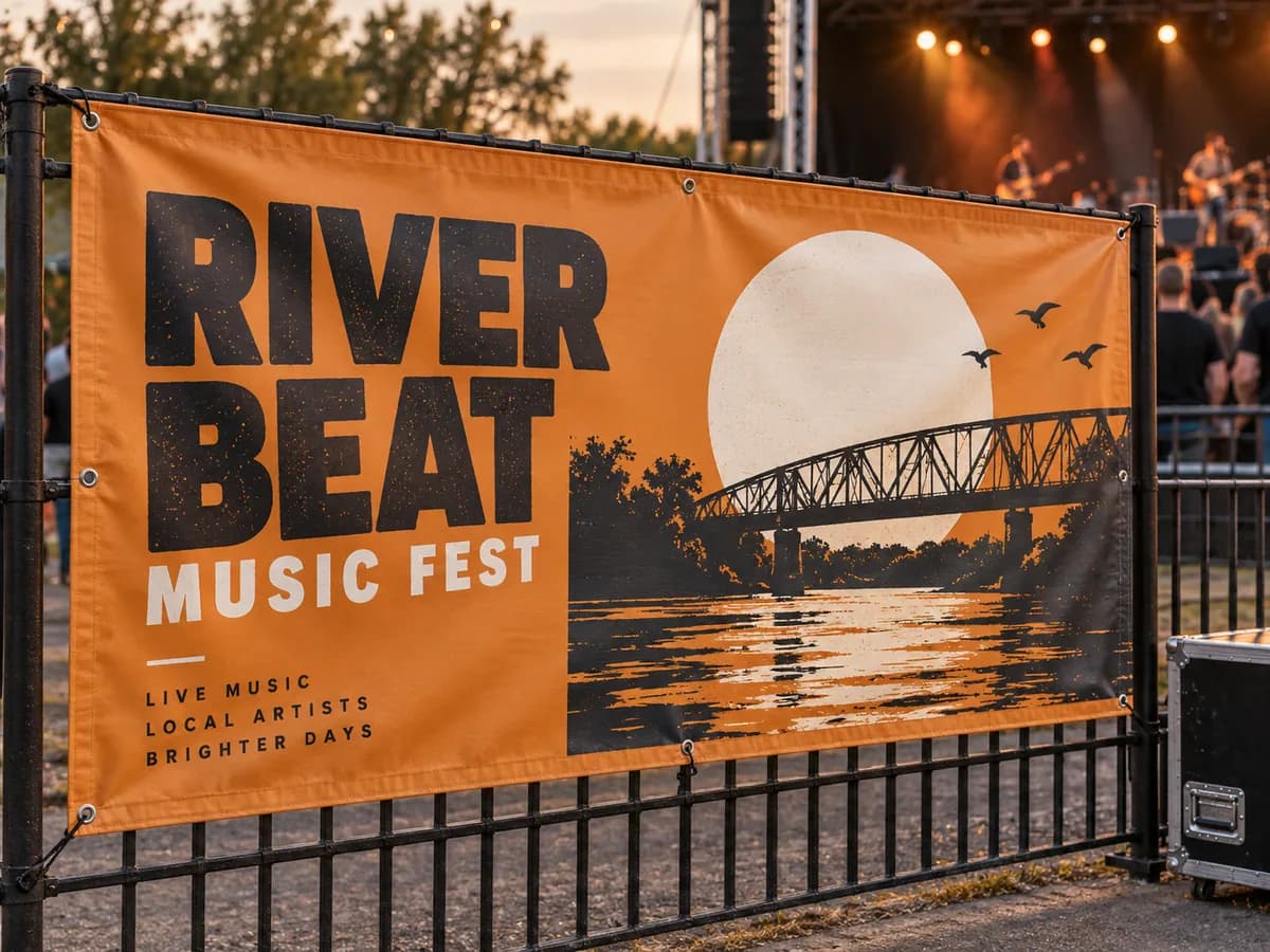 Illustrative A bold burnt-orange local music event layout, broad typography and graphic rhythm