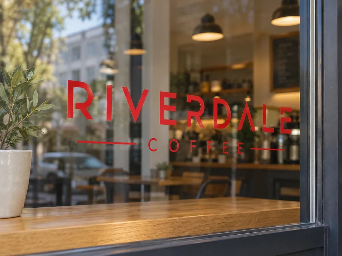 Illustrative Red cut geometric lettering on clear shop window, restrained alternate composition