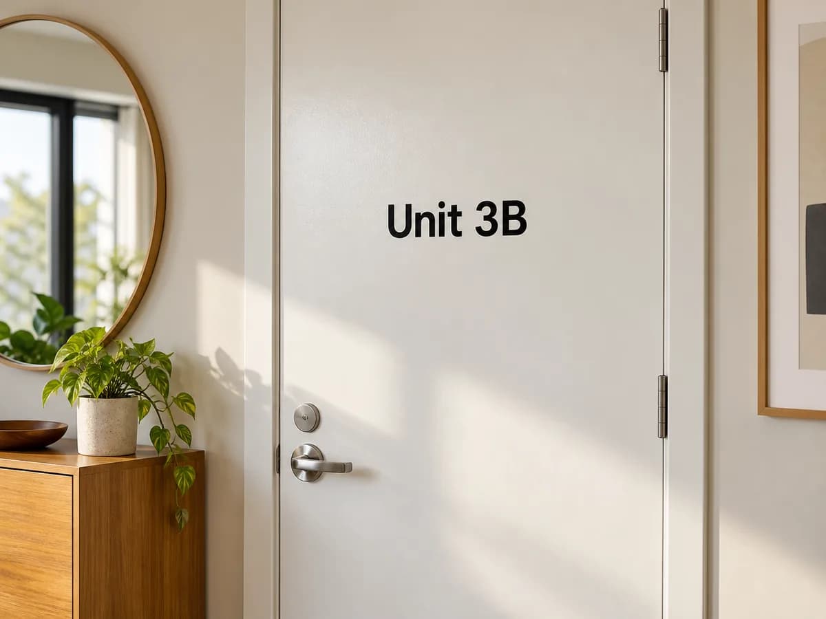 Illustrative Black vinyl unit-name lettering on flat light-painted metal door
