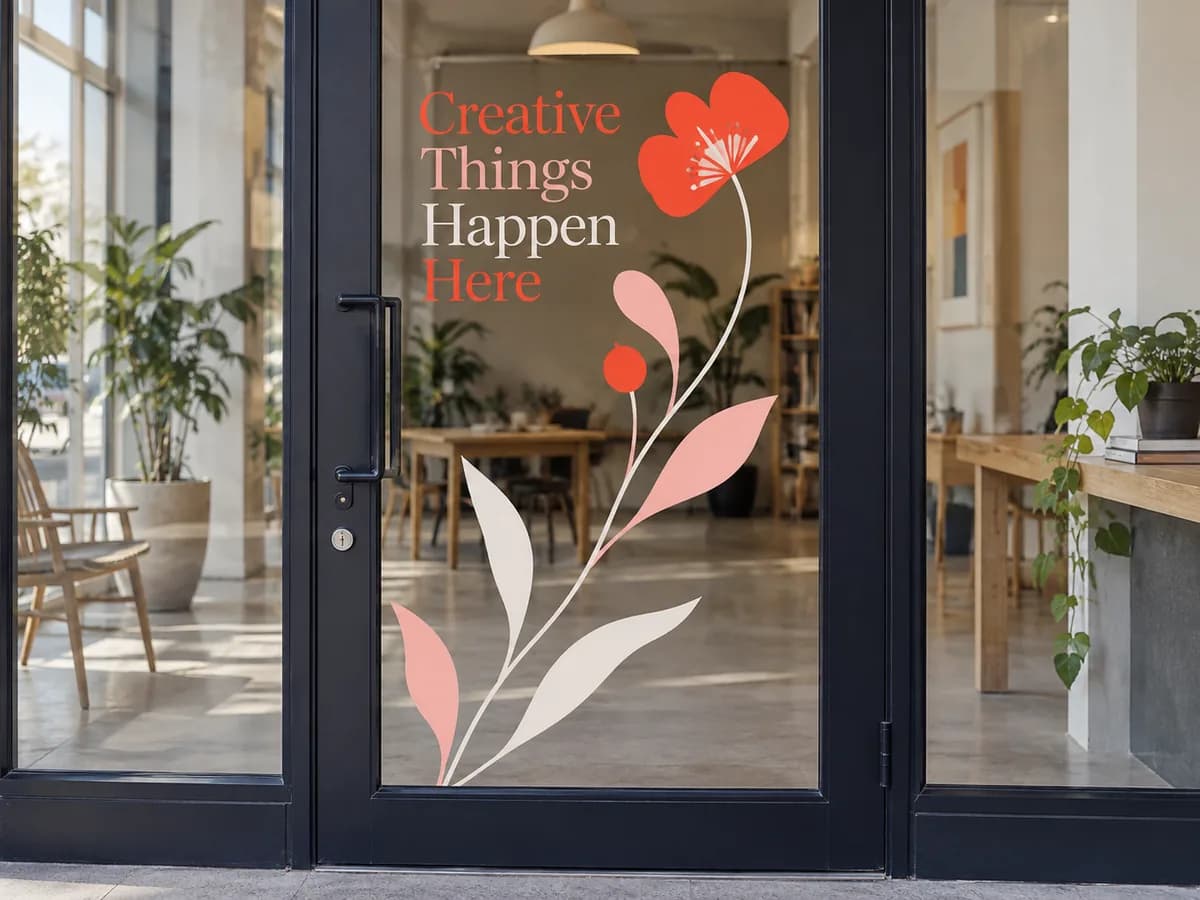 Illustrative floral cut-vinyl graphic and lettering on a studio glass door.