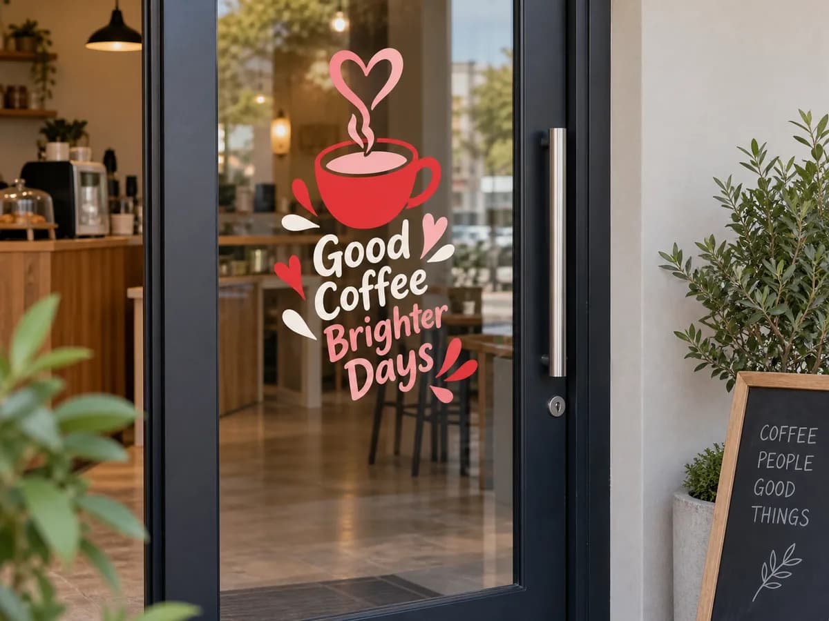 Illustrative coffee-cup window graphic on a café door, clear of its handle.