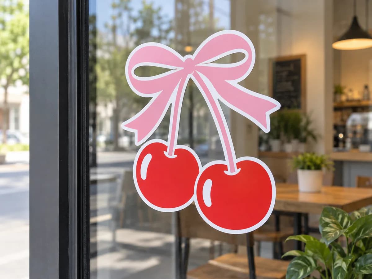 Illustrative pink cherry graphic cut from opaque vinyl on a glass door.