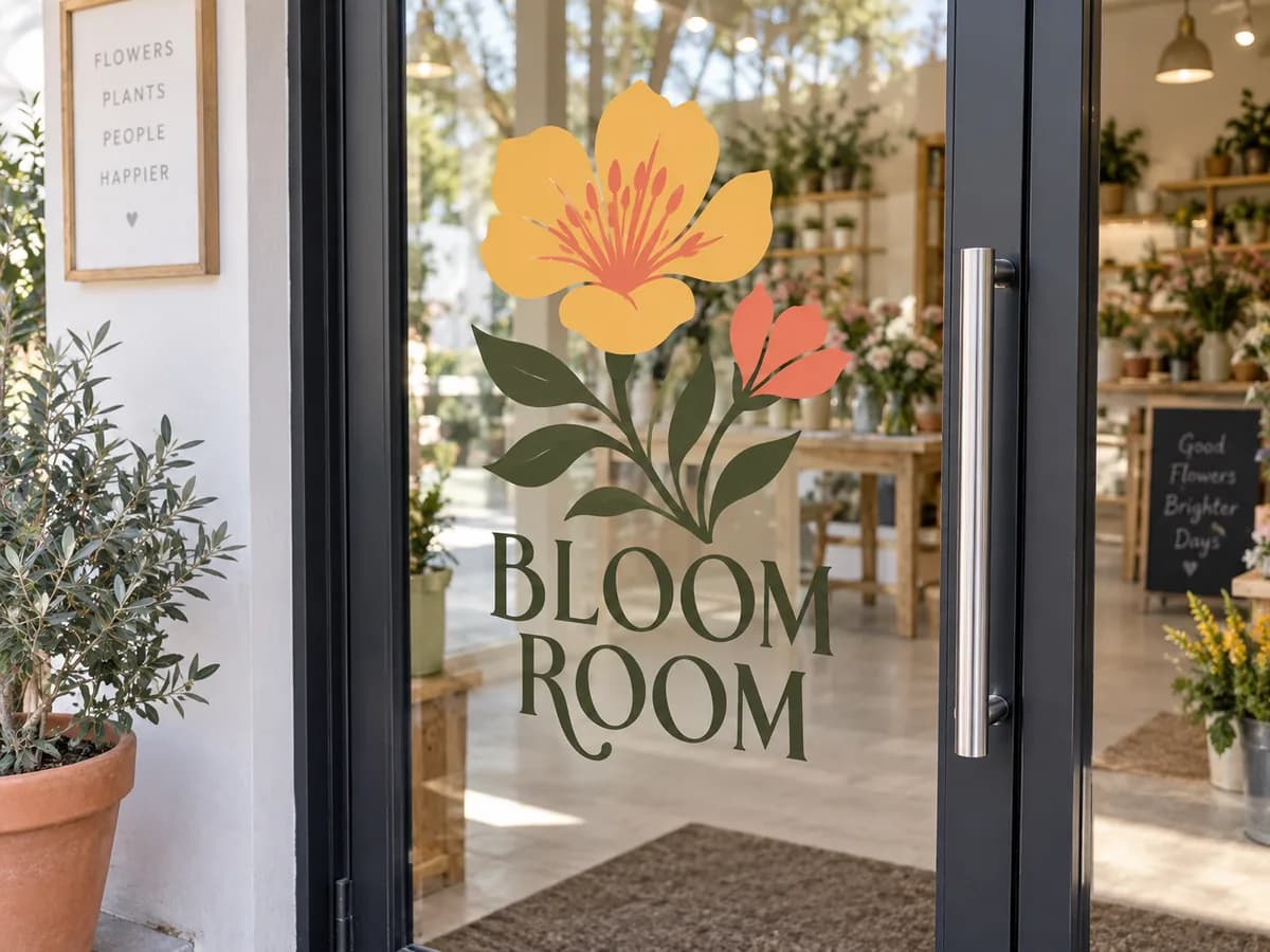 Illustrative Bloom Room flower graphic applied to a glass storefront door.