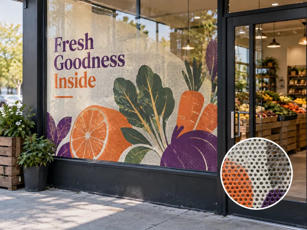 Illustrative Fresh green produce-shop graphic on one panel of storefront glass