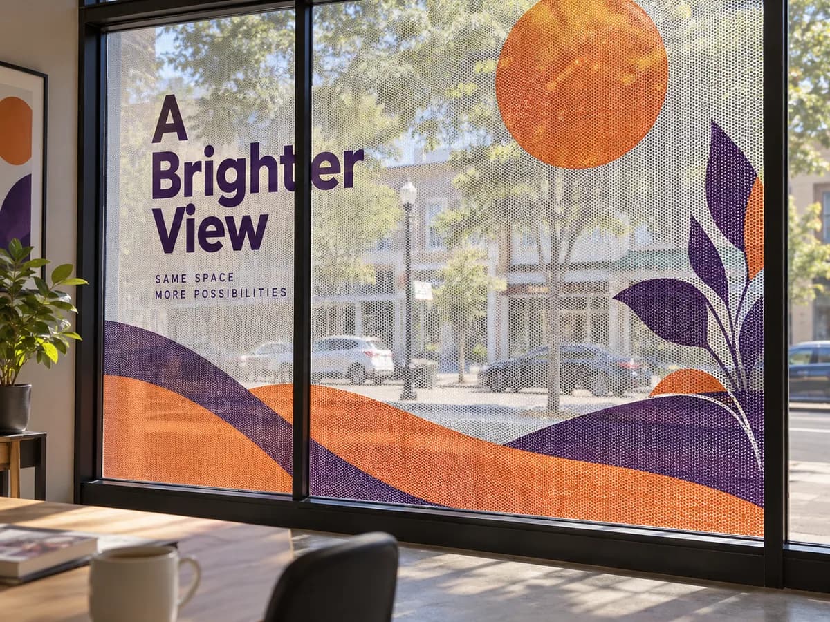 Illustrative Inside view through same perforated storefront panel, daylight outside, screen-like visibility