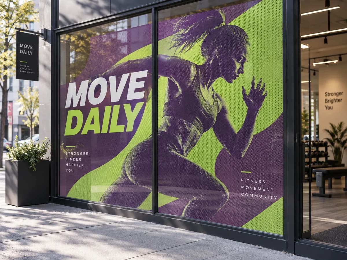 Illustrative Fictional fitness-studio perforated glass graphic viewed from street