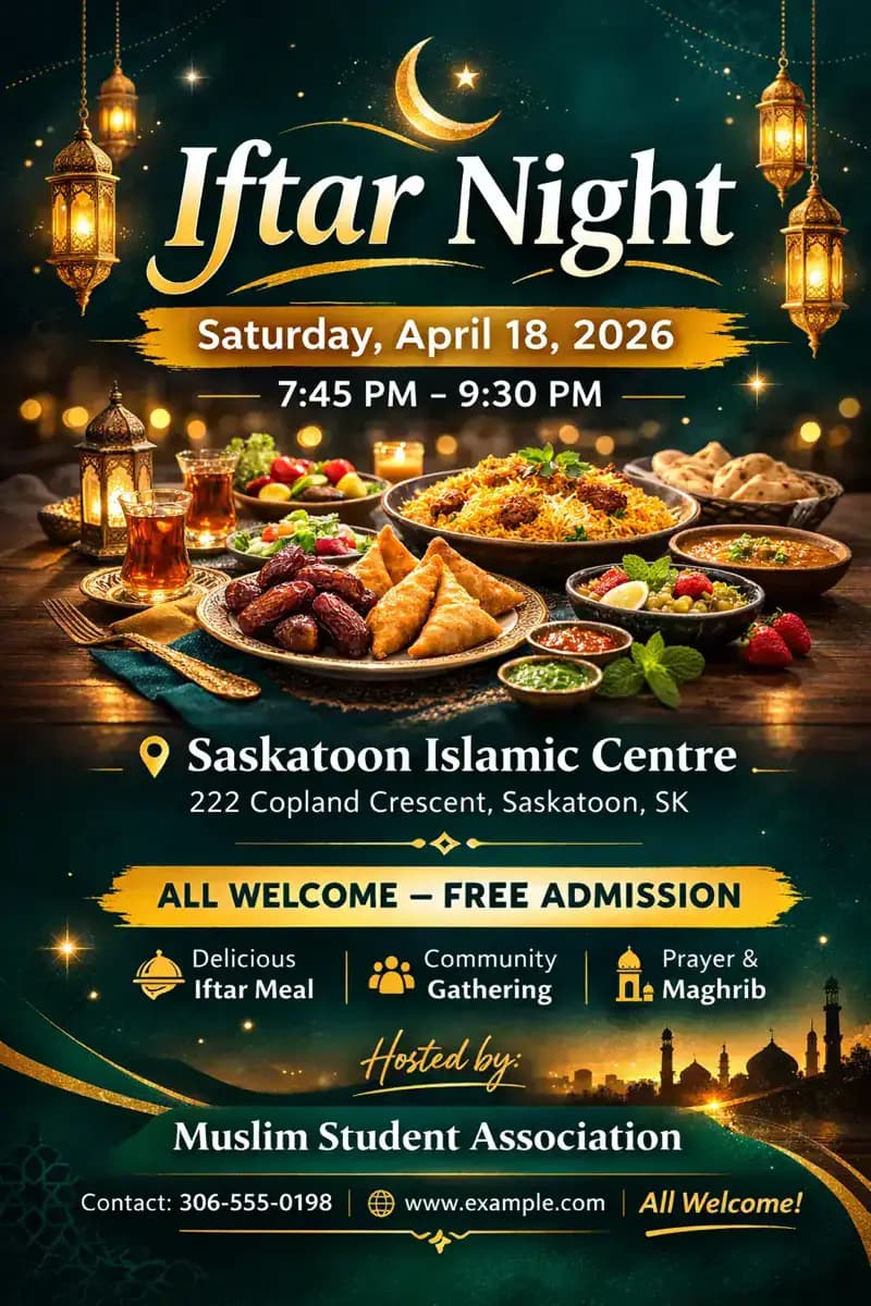 Bold announcement flyer for Iftar Night — dark green with food photography