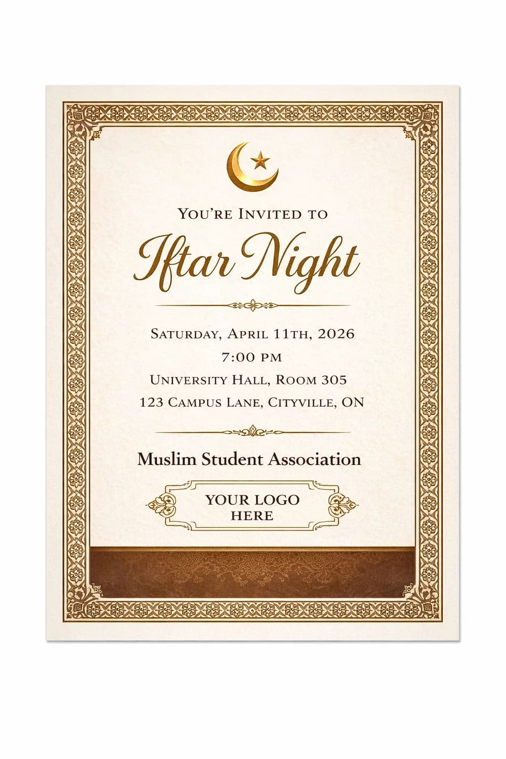Formal invitation flyer for Iftar Night — cream gold arabesque border