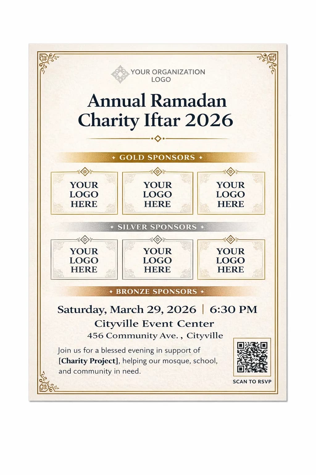 Sponsorship layout flyer for Ramadan charity iftar — gold tiers