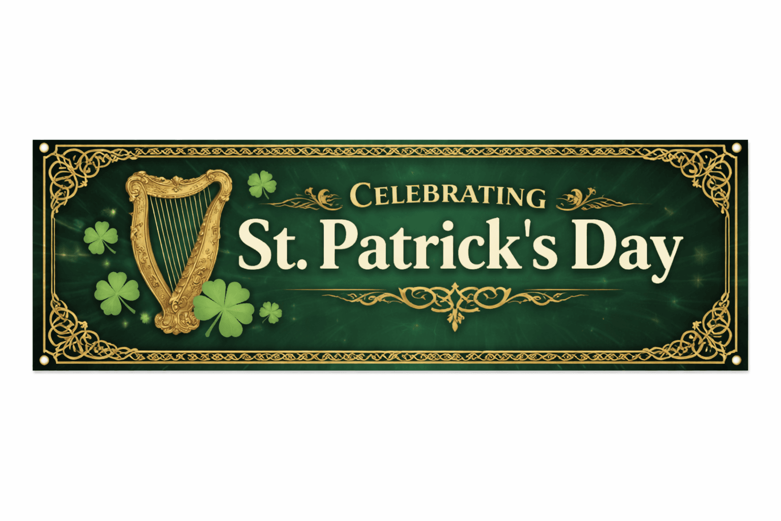 Celtic traditional St. Patrick's Day banner with harp and gold knotwork