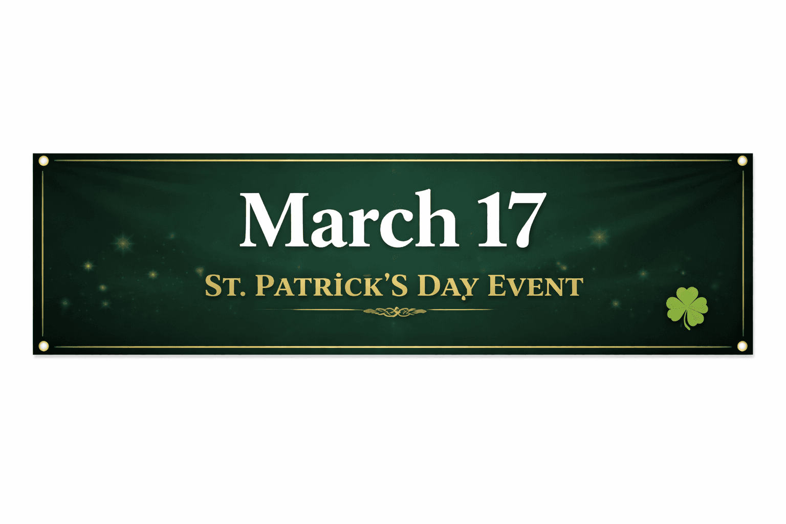 Modern dark green St. Patrick's Day bar banner — March 17 event