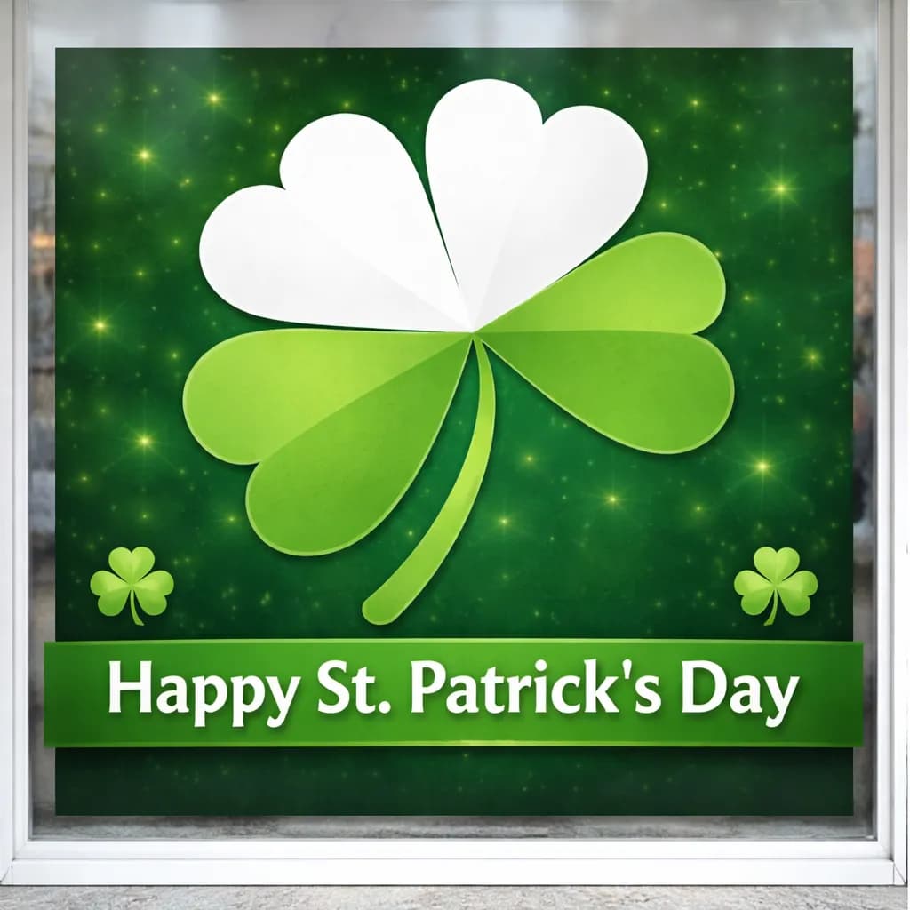 Full window St. Patrick's Day graphic — shamrock covering entire storefront window