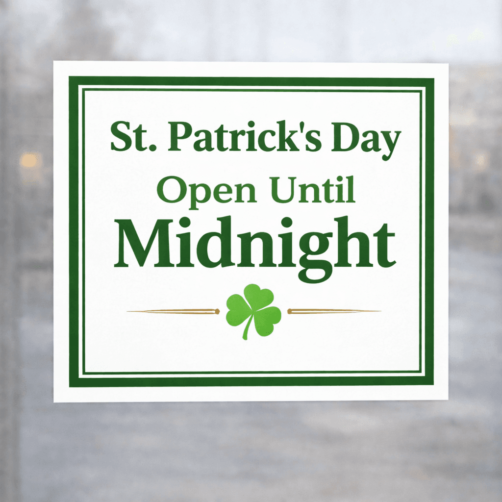 St. Patrick's Day open until midnight window sign decal