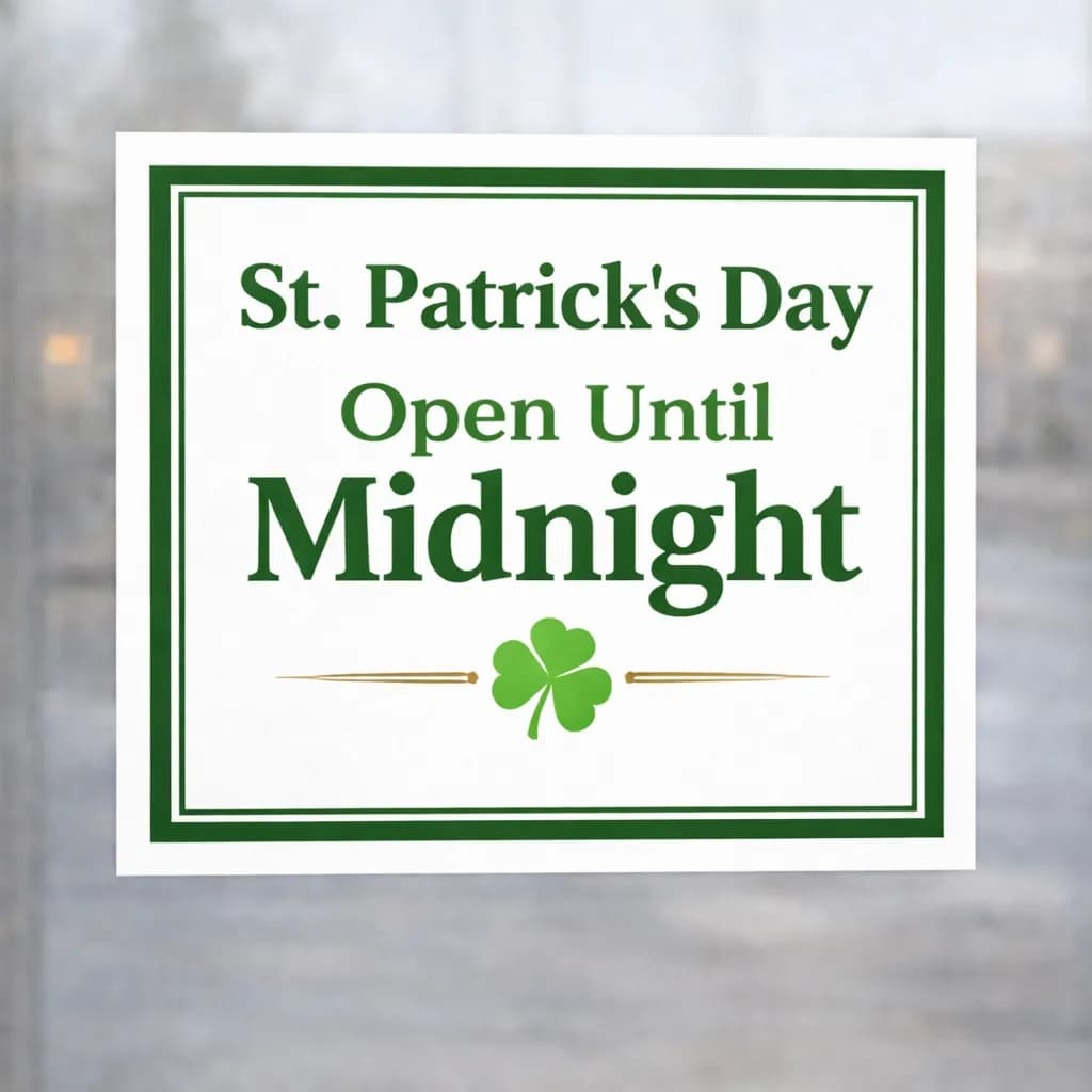 St. Patrick's Day open until midnight window sign decal
