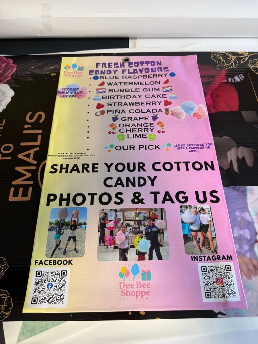 Dee Bee Shoppe cotton candy vinyl banner printed in Saskatoon