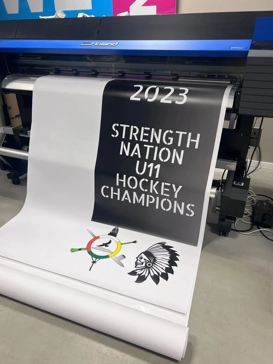 Strength Nation hockey champions banner printing on Roland in Saskatoon