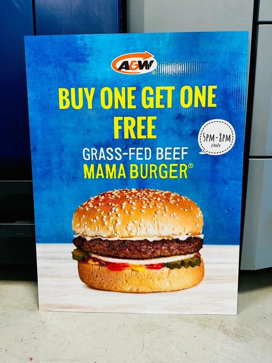 A&W buy-one-get-one promo sign on coroplast printed by True Color in Saskatoon