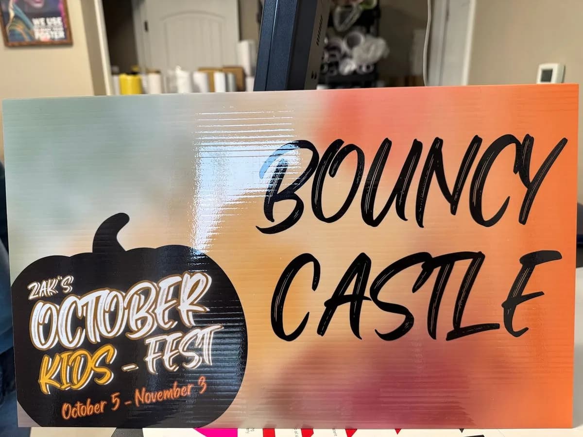 Bouncy castle October kids fest event sign printed in Saskatoon