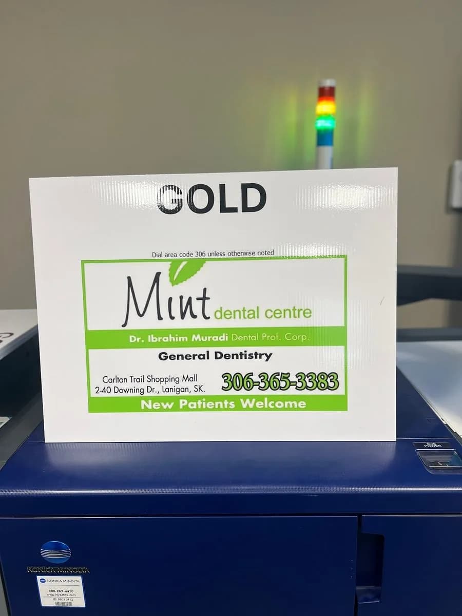 Mint Dental Centre gold sponsor sign printed in Saskatoon by True Color
