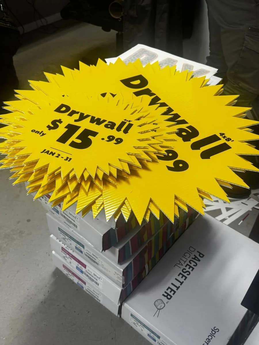 Die-cut yellow starburst retail promo signs printed in Saskatoon