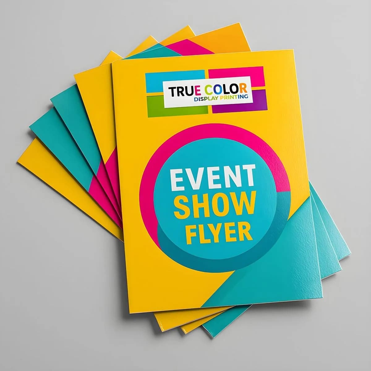 Colorful event show flyers printed on digital press at True Color Saskatoon