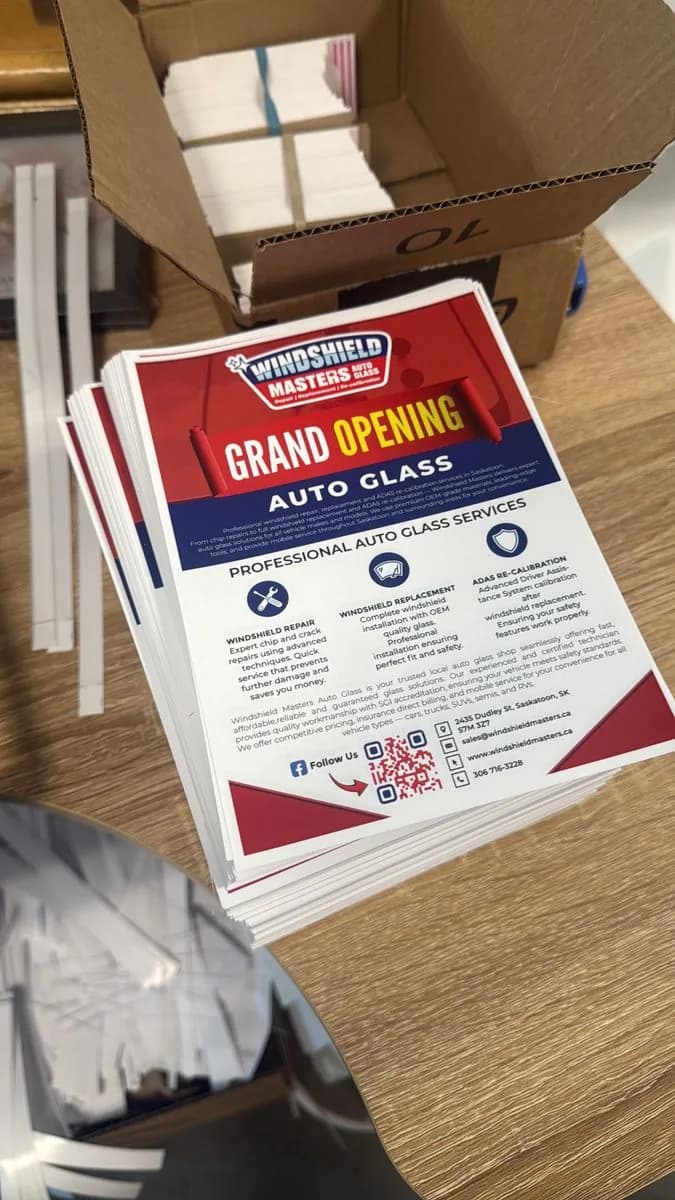 Grand opening flyers printed in volume stacks by True Color Saskatoon