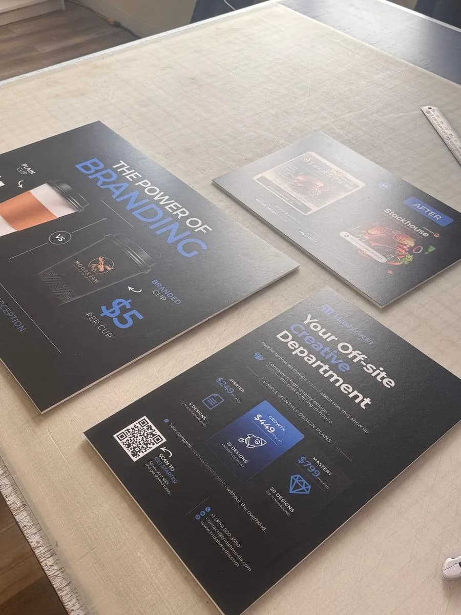 Dark rigid branding display panels with QR codes printed in Saskatoon