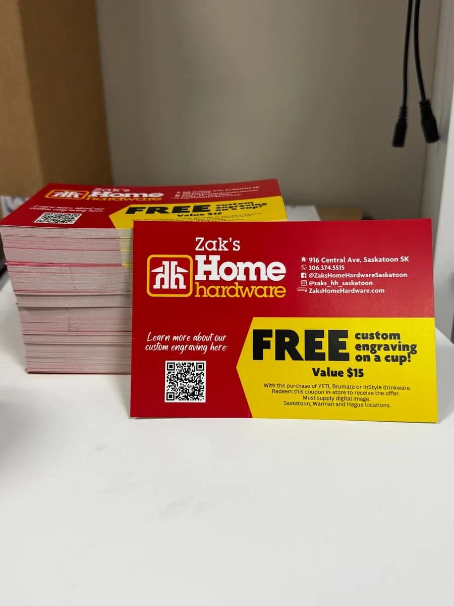 Zak's Home Hardware promo cards printed in Saskatoon by True Color