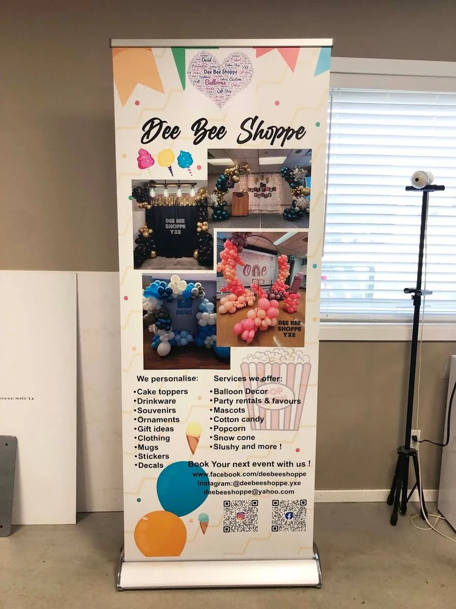 Dee Bee Shoppe retractable banner stand printed in Saskatoon