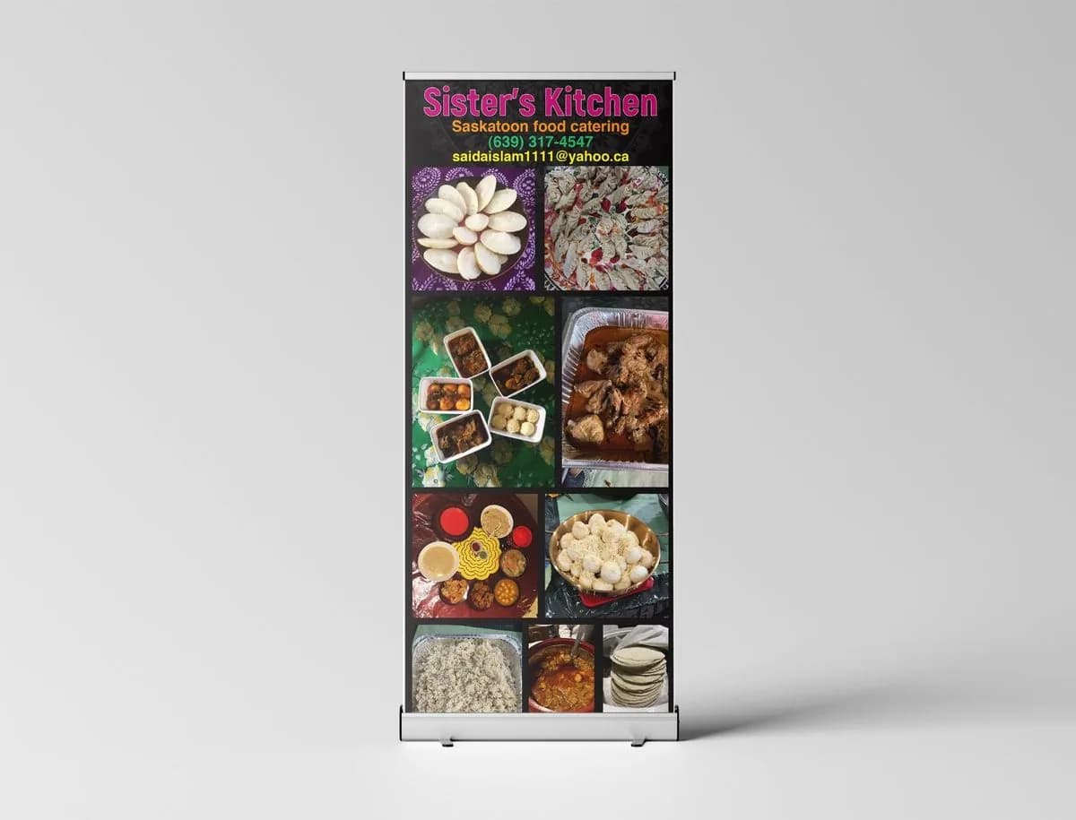 Sister's Kitchen catering retractable banner stand printed in Saskatoon