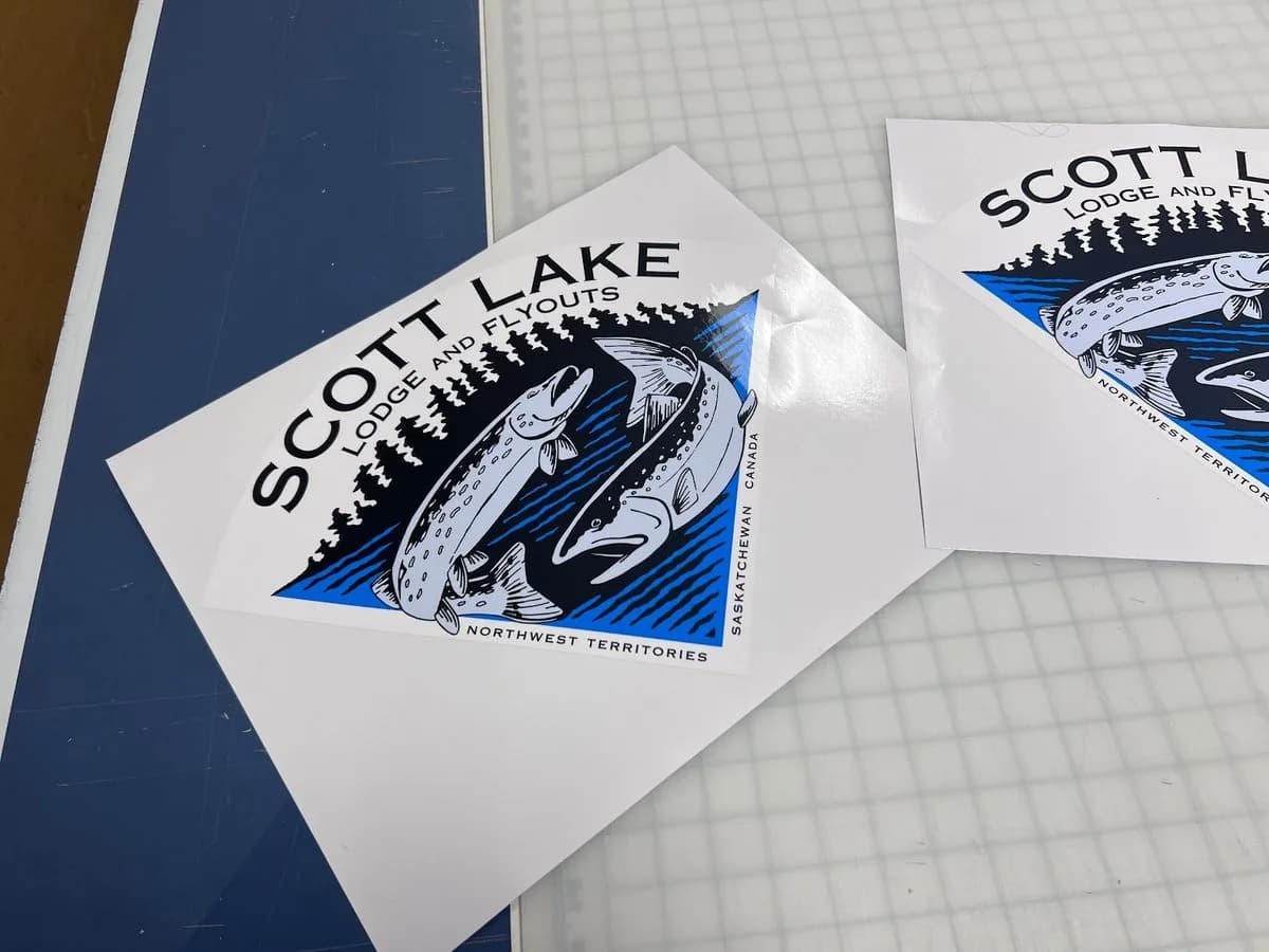 Scott Lake Lodge die-cut logo decals printed by True Color Saskatoon