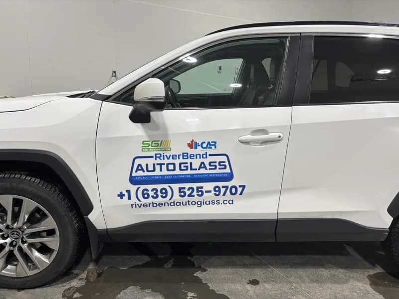Die-cut vehicle door decal installed by True Color Display Printing Saskatoon — RiverBend Auto Glass