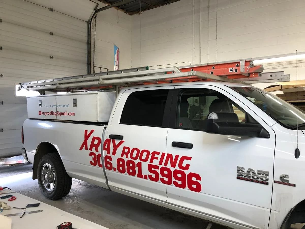 X-Ray Roofing truck vinyl decals installed by True Color Saskatoon