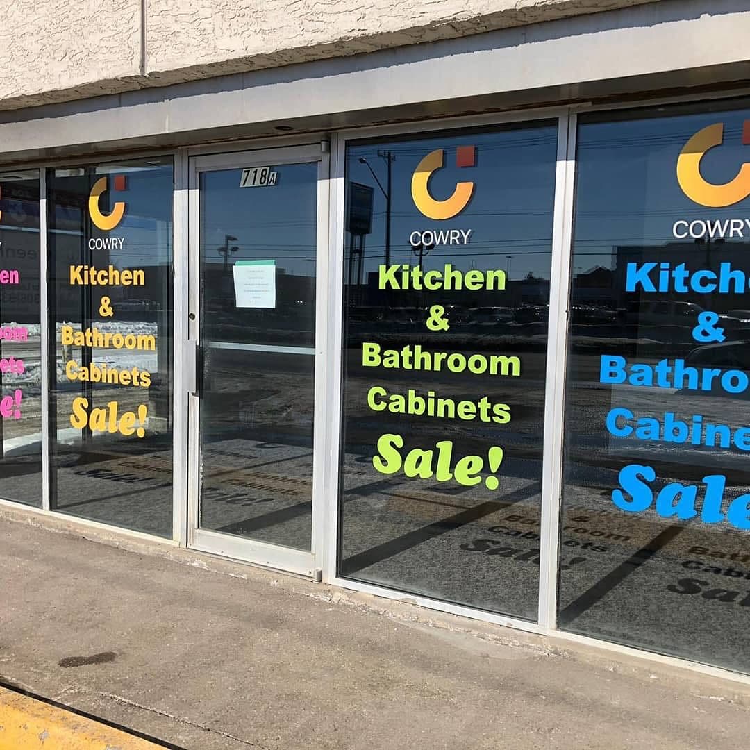 Storefront Vinyl Lettering — Cowry Cabinets — True Color Display Printing Saskatoon