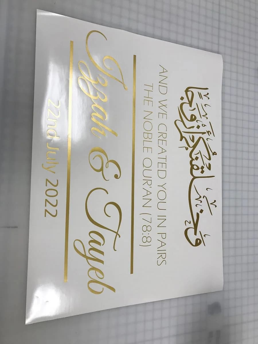 Gold script wedding vinyl lettering cut by True Color Saskatoon