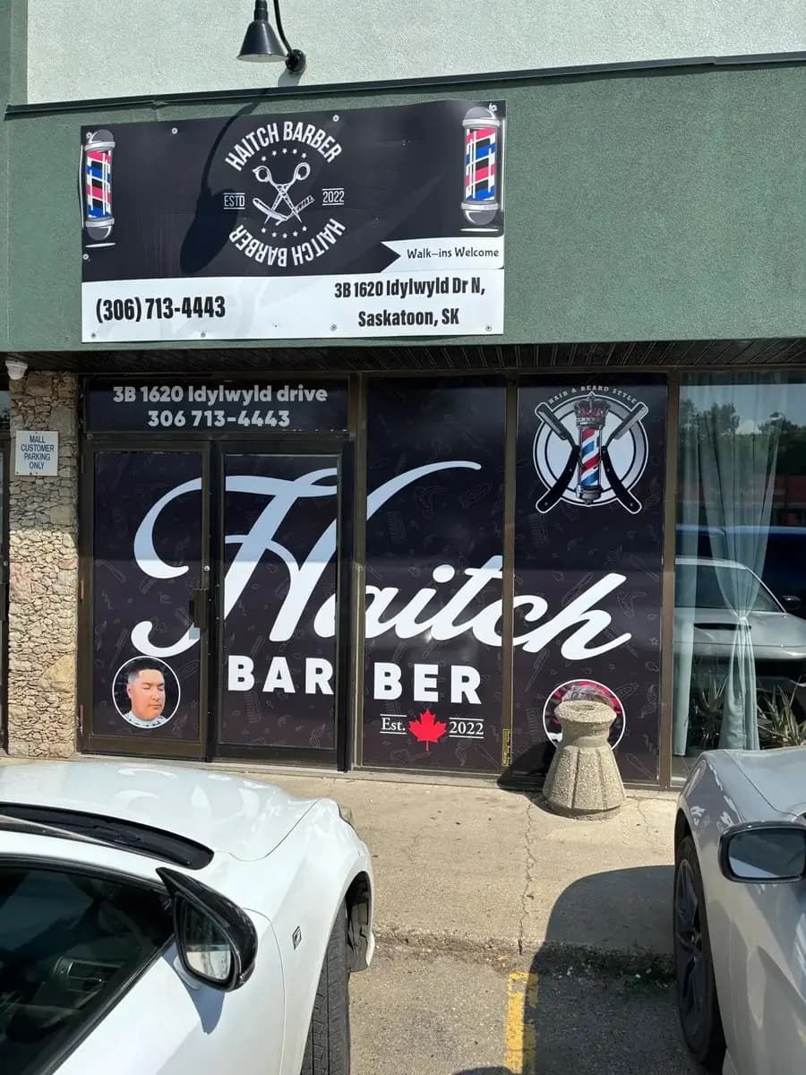 Hutch Barber storefront window decals installed in Saskatoon by True Color