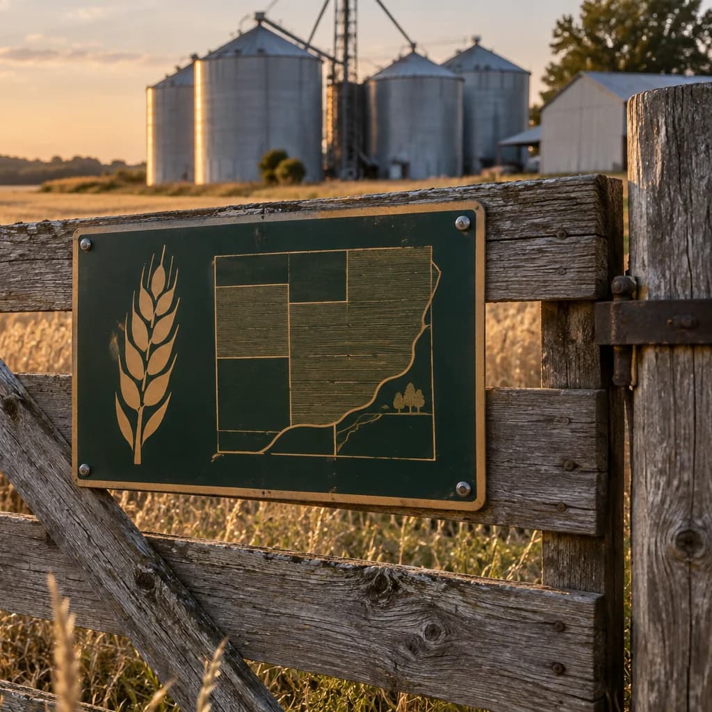 Illustrative farm gate sign beside a prairie field