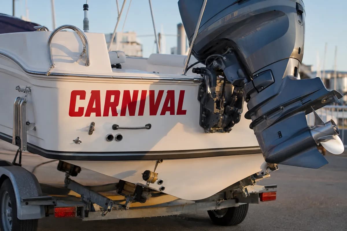 Red die-cut vinyl boat name decal applied across the transom of a white fibreglass boat on a trailer