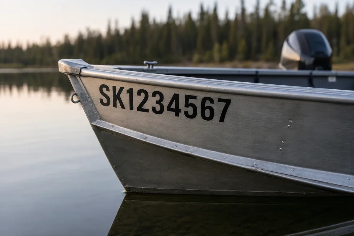 Black die-cut SK boat registration number decal applied above the waterline on the bow of an aluminum fishing boat on a Saskatchewan lake
